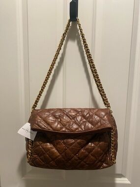 Pretty Simple Brown Quilted Shoulder Bag with Gold Chain Strap NWT